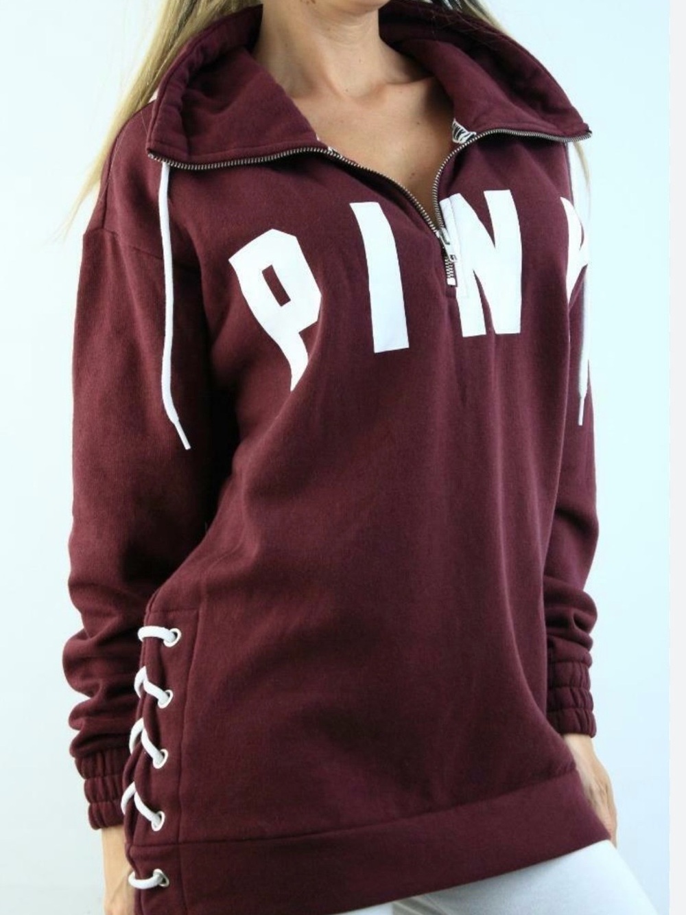 PINK Victoria's Secret Burgundy Half-Zip Lace-Up Pullover Sweatshirt